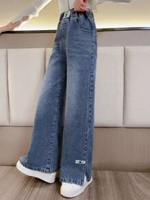 Girls' Fashion Single Rabbit Patch Slit Wide Leg Jeans For Tween Girl/Teens, Spring - Blue - View 4