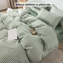 4 件套格子印花床上用品套装（1 件羽绒被套 + 2 件枕套 + 1 件床单），柔软、透气、亲肤、可机洗、四季皆宜 - 綠小格 - 查看 8