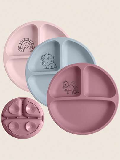 PopLittleOne 1件装硅胶婴儿餐具卡通图案餐盘便携宝宝碗幼儿吸盘喂食训练婴儿用品