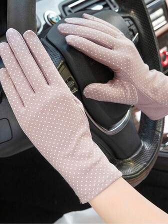 1 双女式夏季轻质海滩波尔卡圆点和波西米亚风格涤纶（涤纶）网眼拼接防晒全指手套，透气触摸屏，适合户外骑行，春夏季