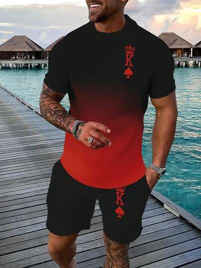 3D Printed Breathable Outdoor Casual 5-Piece Suit, Men's Summer Sports Set