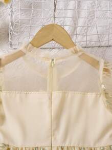 Girls Embroidered Flower Mesh Patchwork Puff Sleeve Round Neck Zipper Decorated Fashion Princess Dress, For Teens - Apricot - View 9