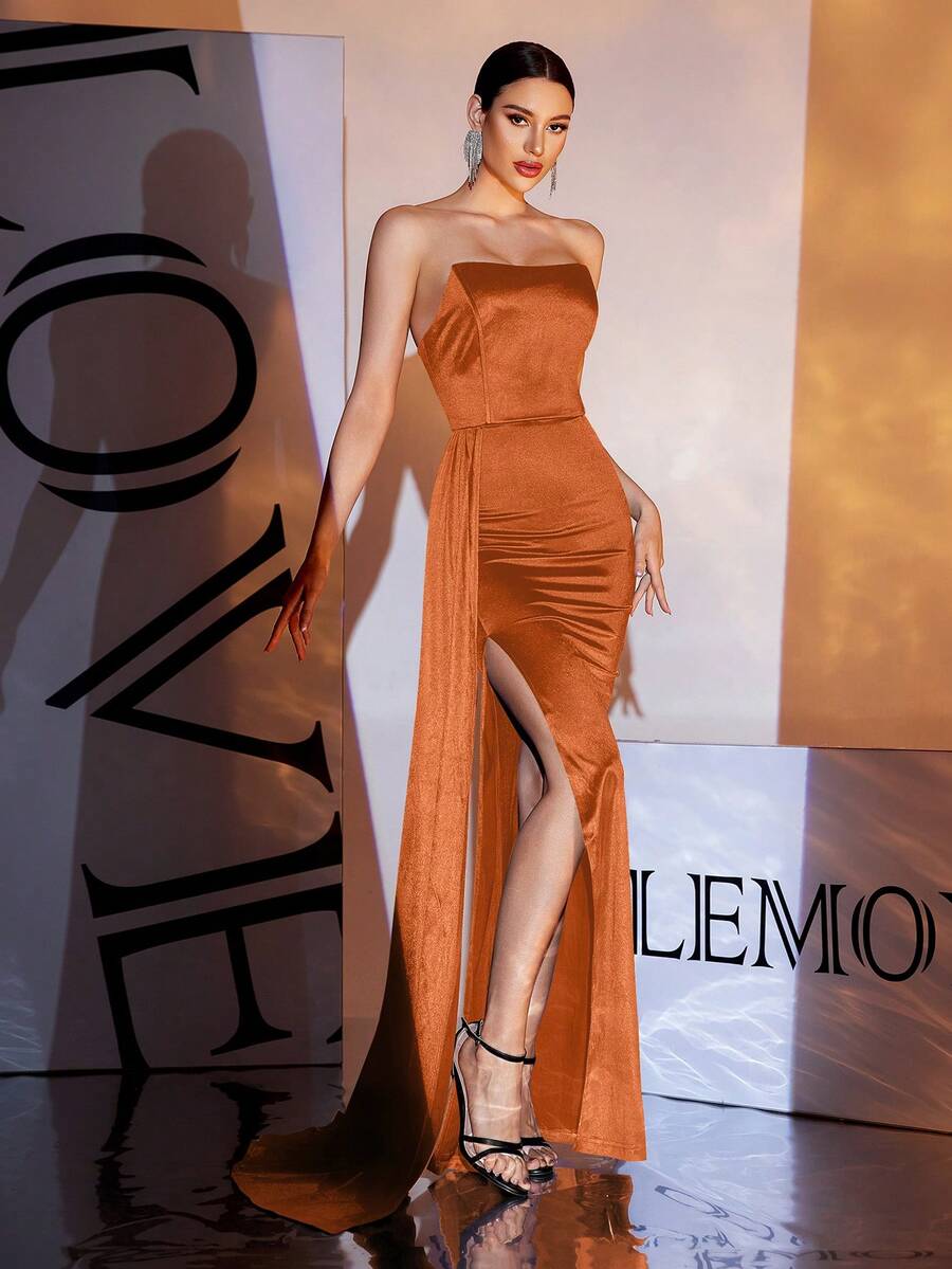 Orange Strapless High Slit Maxi Satin Evening Gown, Party Dress, Wedding Guest Dress, Formal Dress, Evening Dress - Orange - View 1
