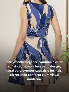 Blue Printed Dress With Pleated Skirt And Square Neckline - Blue - View 6