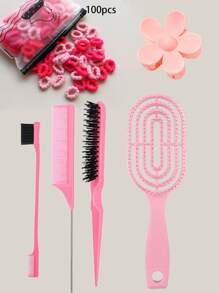 105pcs Hair Styling Tools Set: Includes 3pcs Styling Comb Set For Root Volume, Eyebrow Brush & Hairline Brush 2-In-1, 1pc Hollow Massage Comb, 1pc Solid Color Flower Clips, 100pcs Highly Elastic Non-Damaging Colored Hair Ties, Suitable For Hair Salons, Barber Shops, Home Use, All Hair Types And Styles, Easy To Create Versatile Looks - Multicolor - View 9