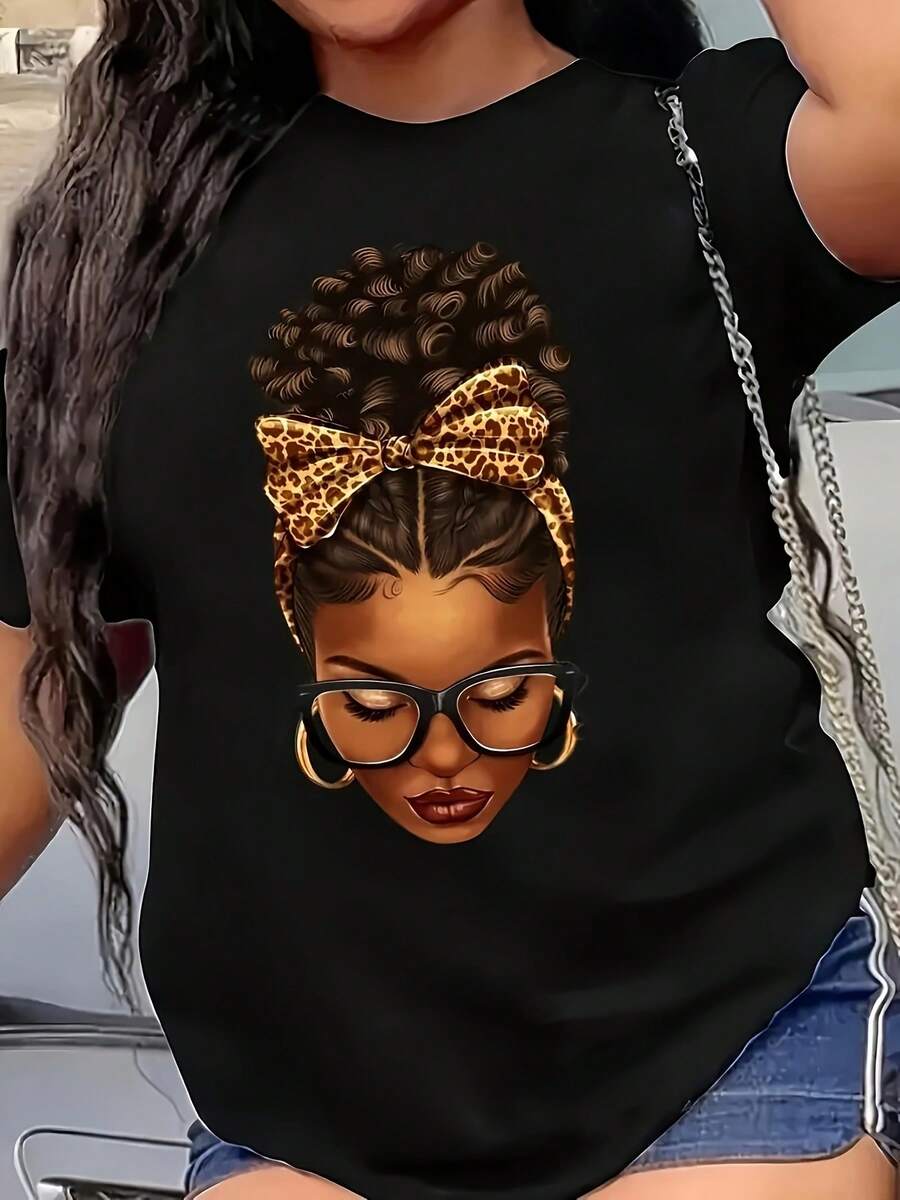 Camiseta Casual de Manga Corta para Mujeres - Impresión de Retrato de Moda, Cuello Redondo de Tela Elástica, Adecuada para Fitness, Actividades al Aire Libre y Eventos de Verano - Lavable a Máquina Estilo Cómodo de Estampado de Leopardo - Negro - Ver 1