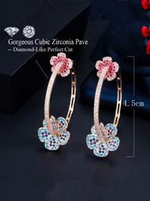 1对女士时尚立方氧化锆花朵耳环，镀金大圆环耳饰，适合订婚、婚礼、新娘、伴娘、派对、舞会等场合，优雅新娘配饰，日常佩戴饰品 - 彩色 - 查看 7