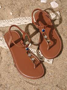Teen Girls Fashionable Flat Thong Sandals, Rhinestone & Breathable, Suitable For Vacation, Beach, Comfortable - Brown - View 1