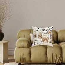Funda de almohada decorativa de Pascua con diseño de conejo, huevo, lazo y letras para sofá o dormitorio - caqui oscuro - Ver 6