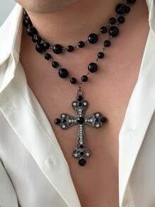 2pcs Unisex Punk Cross Pendant Faux Pearl Necklace, Adjustable Charm Jewelry, Couples' Necklace - 2-piece Set - View 4