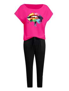2 Pieces Casual Letter Print Short Sleeve T-Shirt And Ankle Length Pants Set - Hot Pink - View 3