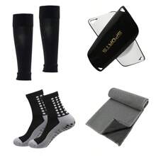 Set de 4 piezas de calentadores de piernas para deportes al aire libre: 1 par de calentadores de piernas antideslizantes, 1 par de calentadores de piernas, 1 par de espinilleras, 1 toalla refrigerante que absorbe el sudor, adecuado para fútbol, baloncesto, ciclismo, yoga, entrenamiento deportivo