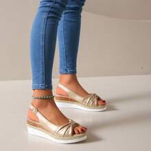 Women's Summer New Fashion Outdoor Beach Resort Style Wedge Sandals, Open Toe Versatile Dress Sandals, Color Block Strap Chunky Platform Thick Sole High Heel Party Sandals For Ladies - Gold - View 4