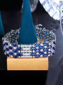 1 件闪亮椭圆形圆形深蓝色方晶锆石大号奢华女士手链，适合婚礼新娘派对订婚独特节日珠宝配饰