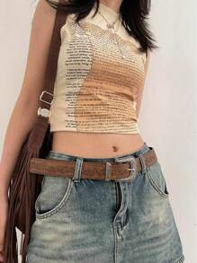 1 pieza Cinturón vintage personalizado con hebilla estampada de moda para mujer en color marrón, adecuado para vaqueros y vestidos