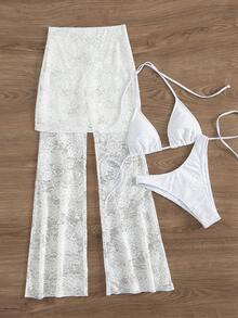 New Soft Solid Color Hollow Out Spaghetti Strap Open Back Tie Up Party Bikini Set, Summer Beach Fashion Coverup Long Pants Suit For Women - White - View 4