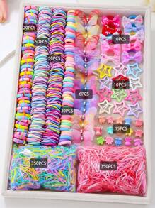 890pcs/Pack Kids Pink Heart & Bow Decor Hair Clips, Hairbands, Ponytail Holders, Hair Accessories, Everyday Use And Gift