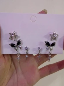 6pcs Retro Stylish Black Butterfly, Crystal, Star Design Earring Set, Gift For Girls, Party Favor - one-size - View 3