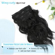 Clip In Hair Extensions, 14inch Short Wavy Curly Clip In Hair Extensions For Women 4Pcs Synthetic Beach Wavy Hair Extensions Invisible Lace Weft Hairpiece For Women - 1B# - 查看 5