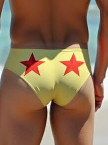 Fashionable Men's Sexy Swimwear Briefs, Suitable For Summer Beach And Swimming Pool, Men's Quick Dry Yellow Bottom Red Star Print Swim Trunks, Swimming Shorts, Men's Star Print Bulge Triangle - Yellow - View 4