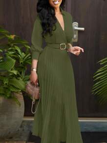 Elegant Waisted Solid Color Pleated Dress With Belt, Lady-Like Design, Spring/Summer - 橄欖綠 - 查看 1