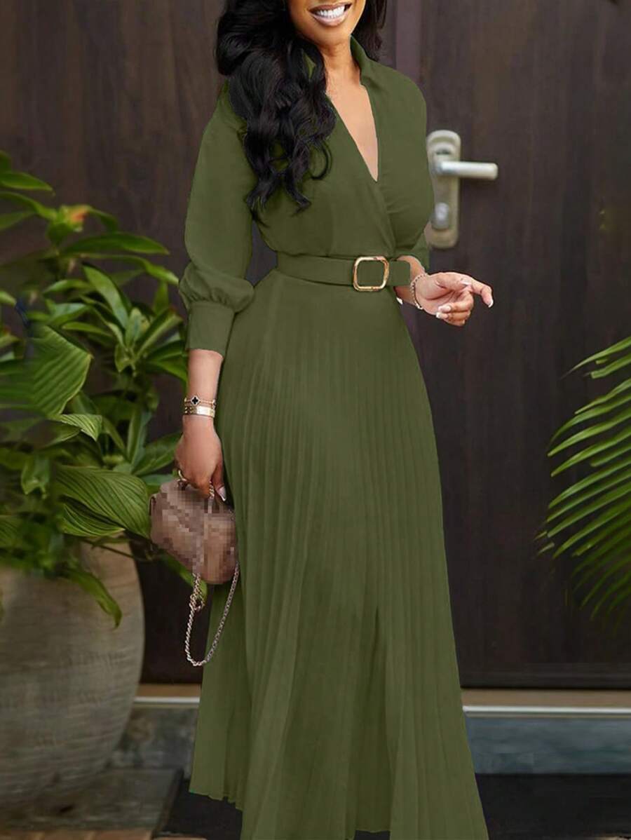 Elegant Waisted Solid Color Pleated Dress With Belt, Lady-Like Design, Spring/Summer - 橄欖綠 - 查看 1