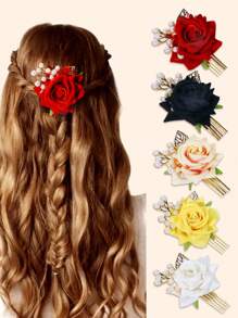 1/2/3 件玫瑰珍珠串珠叶子装饰发夹、发饰、婚礼、新娘发型、侧梳、学校用品