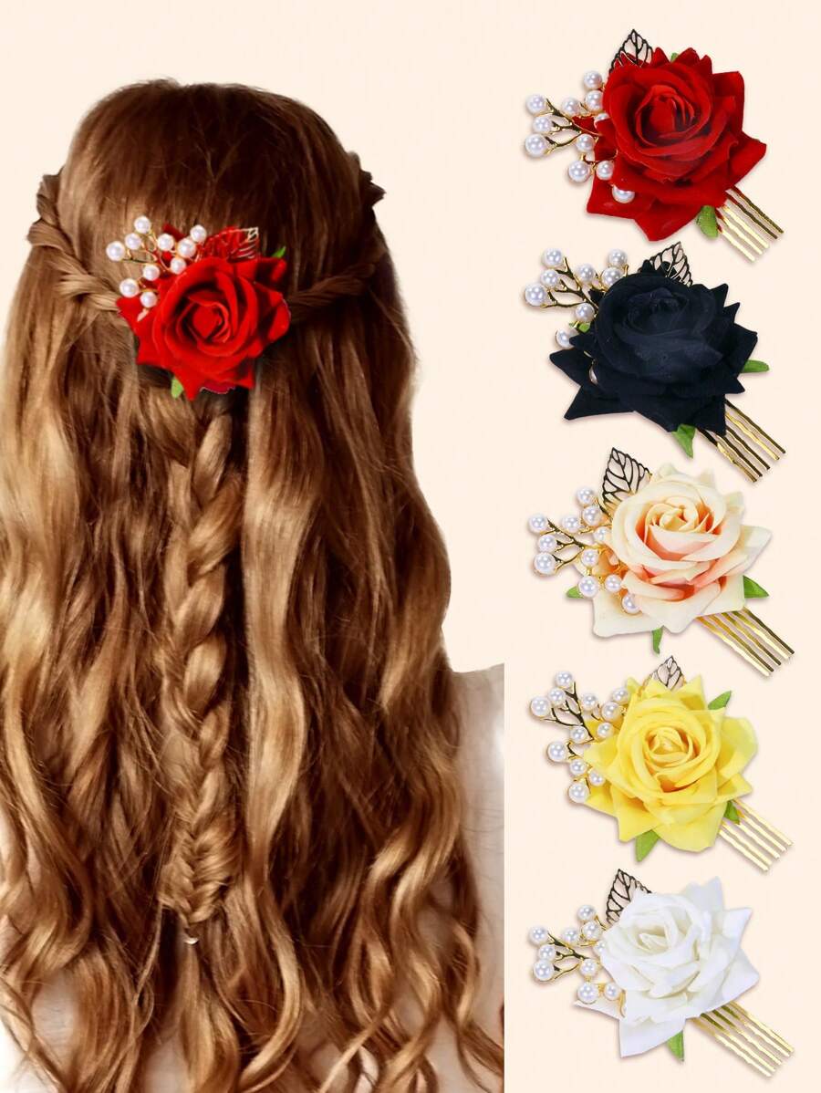 1/2/3 件玫瑰珍珠串珠叶子装饰发夹、发饰、婚礼、新娘发型、侧梳、学校用品