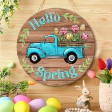 1Pc Welcome Spring Wooden Door Sign Flower Car Wall Hanging Sign For Spring Farmhouse Home Decor,Round Shape Spring Wood Wall Hanging Plaque Sign For Spring Season Theme Party Outdoor Indoor Decorations