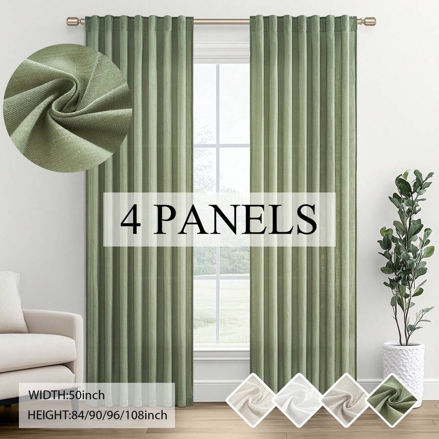 Topfinel 4 Panels Natural Linen Blended Curtains Rod Pocket Back Tab Clip Rings Curtain Semi Transparent Privacy Rural Bohemian Farmhouse Curtains For Living Room Bedroom Home Decoration - XANH LÁ - Xem 1