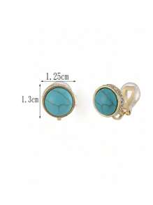 1 Pair Fashionable Crystal & Turquoise Round Clip On Earrings, Elegant Gift For Women, Suitable For Daily Wear