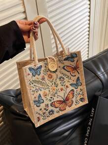 1PC 2025 NEW Butterfly Embroidery Linen Handbag,Khaki Colored Bag, Linen Button Decoration Handbag, Simple Large Capacity Handbag, Portable Casual Storage Handbag, Multi-Functional Shopping Bag, New Design, Large Capacity, Shopping Ideal, Shoulder Bag, Handbag, Lunch Bag, Lunch Box, Messenger Bag, Suitable For Women, Mother's Day Gift, Daily Use, Dating, Birthday, Holiday, Back To School, Summer, Vacation, Beach, Travel