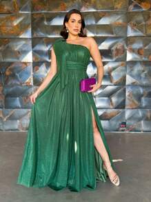 LONG TULLE PARTY DRESS WITH SHINE, ONE SHOULDER, BRIDESMAIDS, GRADUATES, WEDDING - Olive Green - View 1