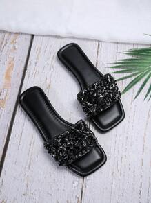 Pearl & Rhinestone Embellished Women's Open Toe Slip On Sandals, French & Korean Style, Plus Size 41-42-43, Lightweight Luxury, Suitable For Summer Beach Holiday