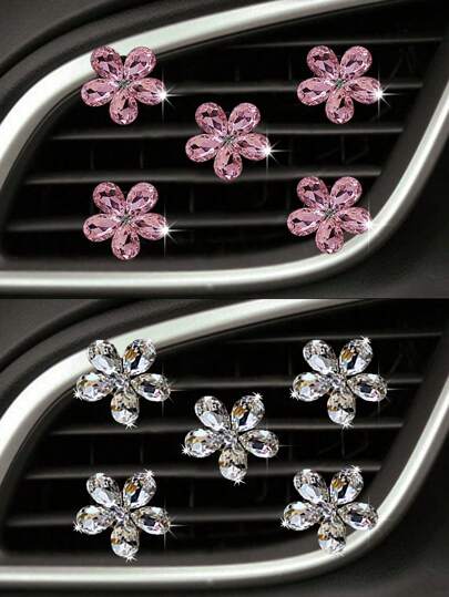 5 peças de clipe de decoração de fragrância de ventilação de ar de carro de cristal rosa/branco, acessórios de decoração de interiores de automóveis