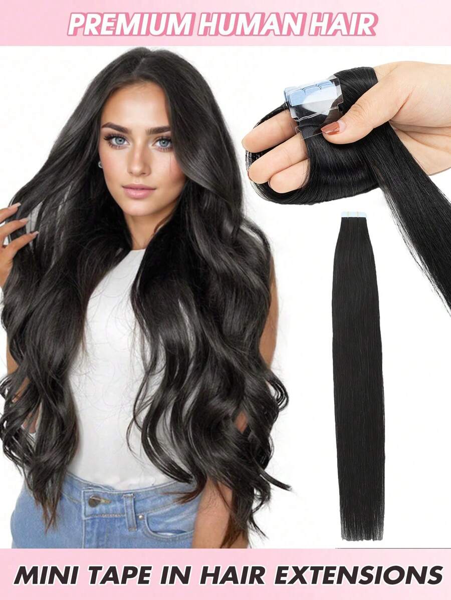 10 piezas de extensiones de cabello mini con cinta, cabello humano, color #1, negro brillante, 14-22 pulgadas, cabello humano Remy, extensiones de cabello invisibles con cinta