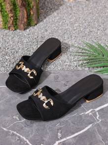 Women's Square Toe Chunky Heel Strap Slides, Fashionable Outdoor Slimming Mid-Heel Sandals - Black - View 7