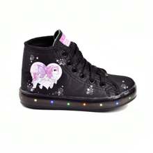 Tênis Feminino Infantil Led Botinha Cano Alto Unicórnio Rosa Preto +Chinelo - Preto - Visão 4