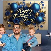 1pc Happy Father's Day Background Cloth, Polyester Luxurious Blue Rose & Balloon Design Banner, Suitable For Father's Day, Birthday Party Celebration Decoration, Multi-Size