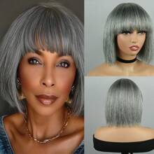 Mixed Gray Human Hair Bob Wigs With Bangs Full Machine Made Wigs For Woman Grey Pixie Cut Human Hair Wigs Pixie Cut Wigs With Bangs