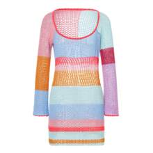 Women Mini Bodycon Dress Cutout Knitted Contrast Color Stripe Long Sleeve Spring Wrapped Dresses - Multicolor - View 5