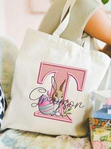 Personalized Easter Bunny Tote Bag, Customizable Name, Easter Gift Bag, Cute Bunny Design Easter Tote Bag, Easter Celebration 2-Piece Tote Bag Set, Canvas Shoulder Bag With Cosmetic Organizer Pouch, Adorable Cartoon Bag Set, Women Makeup Bag, Fashion Canvas Girl Large Capacity Travel Shoulder Bag - Multicolor - View 5