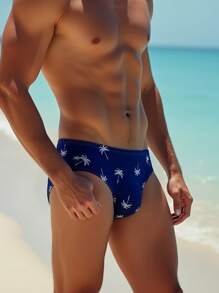 Fashion Men's Sexy Swimwear Briefs, Summer Beach & Pool, Men's Quick Dry Coconut Tree Pattern Swim Trunks, Swimming Shorts, Men's Coconut Tree Print Bulge Triangular Swimwear,Hawaiian