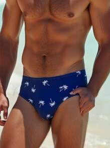 Fashion Men's Sexy Swimwear Briefs, Summer Beach & Pool, Men's Quick Dry Coconut Tree Pattern Swim Trunks, Swimming Shorts, Men's Coconut Tree Print Bulge Triangular Swimwear,Hawaiian