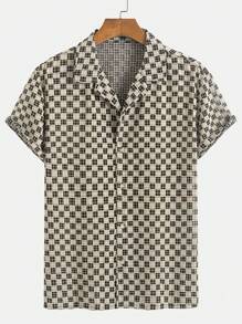 男士时尚经典格纹纹理开领休闲衬衫，适合日常休闲、通勤、街头时尚、夏季新品 - 杏色 - 查看 4