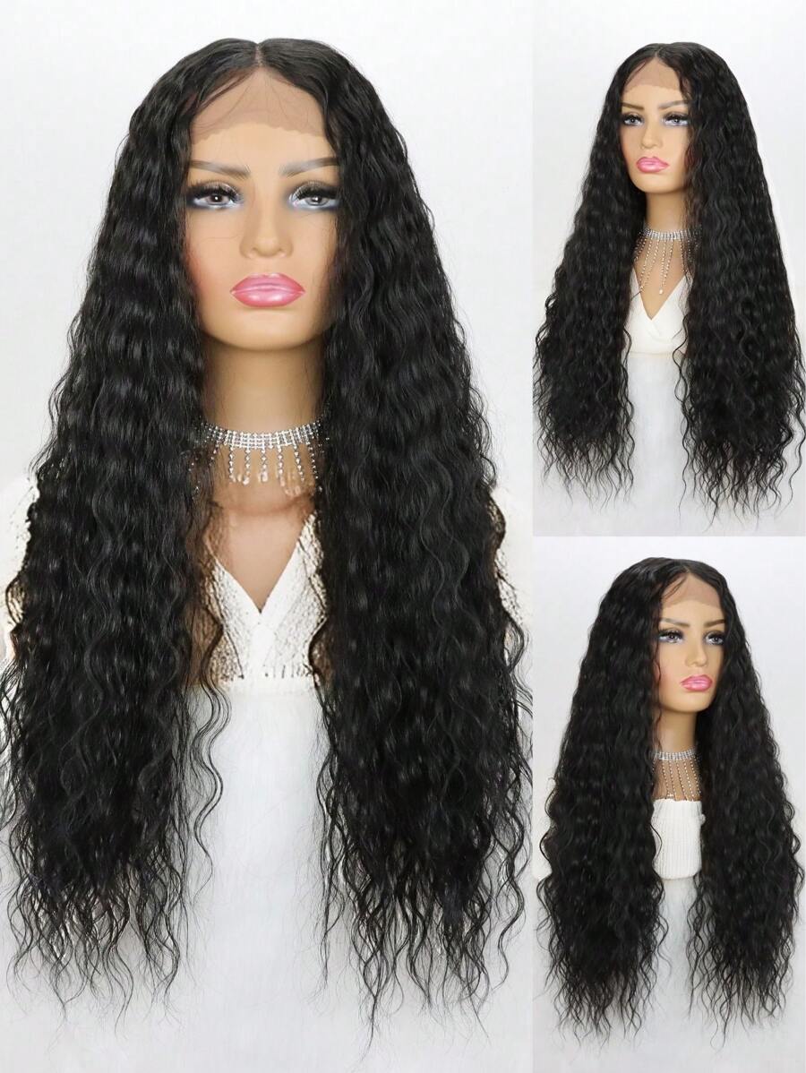 SALLYWELL Peluca con encaje frontal de 13*4 pulgadas, peluca negra con encaje frontal, peluca larga de rizos profundos, peluca sintética sin pegamento resistente al calor con encaje de color, con cabello bebé, con mechones negros y grises, peluca rizada suelta y colorida de 24 pulgadas para mujeres