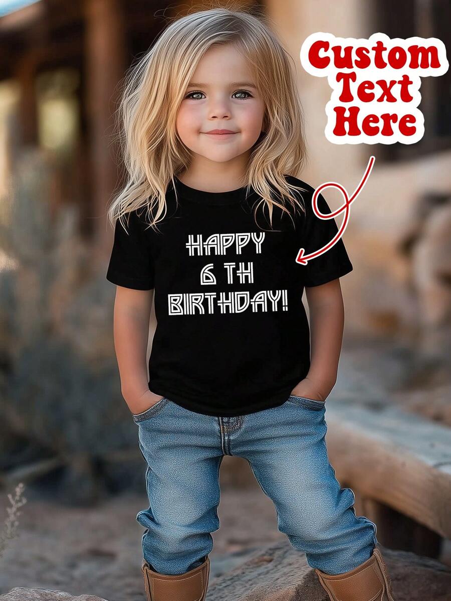 定制春夏女童幼儿 T 恤，可个性化定制您的文字/姓名/生日祝福/消息/趣味短语，团队/户外制服定制，个性化女童圆领短袖黑色上衣，节日礼物，生日礼物，1 岁生日礼物，文化衬衫，女童夏季上衣 - 黑色 - 查看 1
