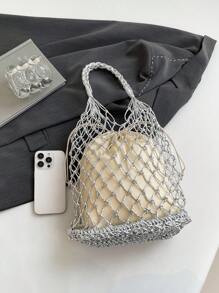 1 件时尚金色和银色镂空编织手提包，新设计手提单肩包，适合海滩度假的多功能手提包 - 銀色 - 查看 7