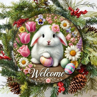 1 件复活节庆祝兔子欢迎标志 - 8 英寸 X 8 英寸圆形金属墙饰，带有花卉和绿色植物设计，耐用的室内/室外装饰牌匾，适合家庭、房间或花园，非常适合房间装饰，顶部、底部、左侧和右侧有随机位置孔