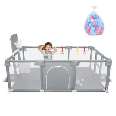 Recinto per Bambini XL 180x120cm, Recinto per Bambini con Rete Traspirante, 50 Palline da Gioco e 4 Anelli di Tirata per Bambini e Neonati Interni Esterni